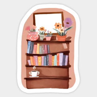 Cute Bookshelf with Flowers and Books and Coffee Cup Sticker